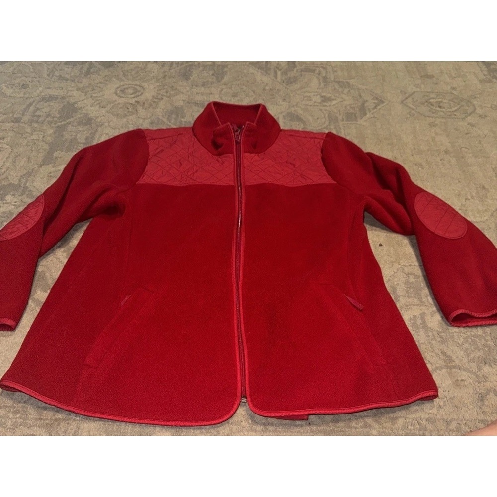 TALBOTS WOMENS RED FLEECE FULL ZIP JACKET SIZE XL X-Large ELBOW PATCHES